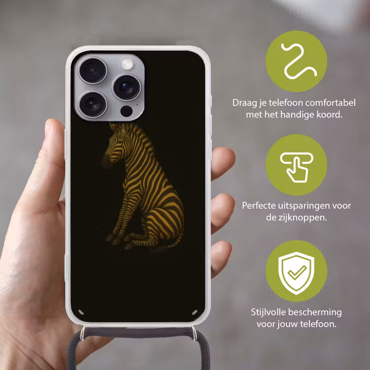 Zebra - Strepen - Goud Hoesje iPhone 16 Pro Max met koord klein -sfeer2_NL