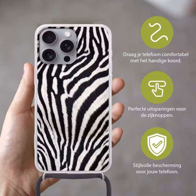 Zebra - Vacht - Klassiek - Zwart - Wit Hoesje iPhone 16 Pro Max met koord klein -sfeer2_NL