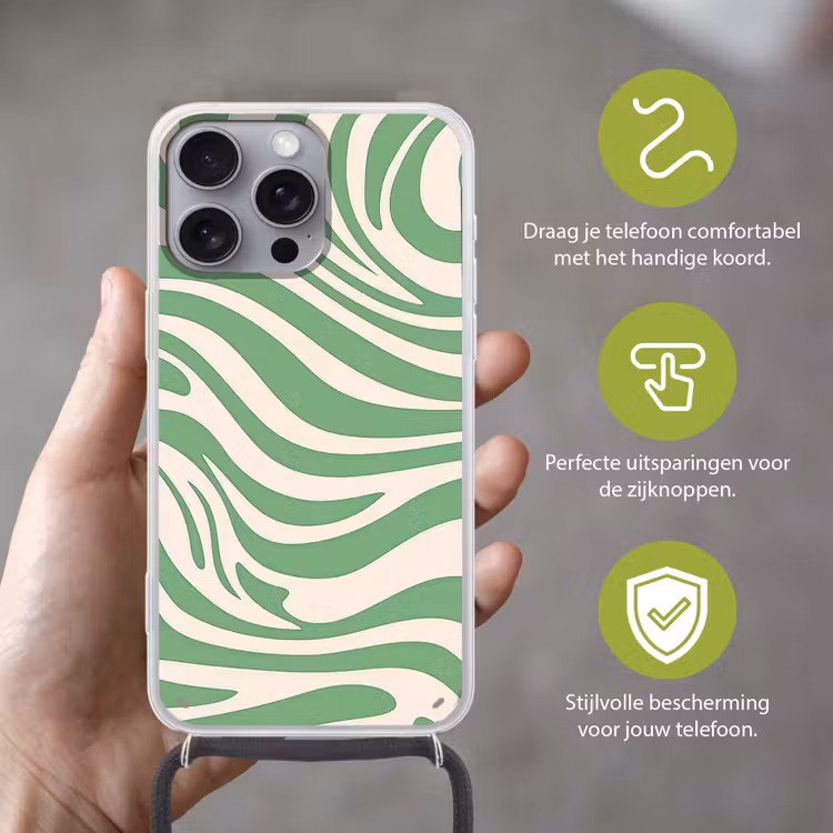 Zebrapatroon - Groen - Retro Hoesje iPhone 16 Pro Max met koord klein -sfeer2_NL