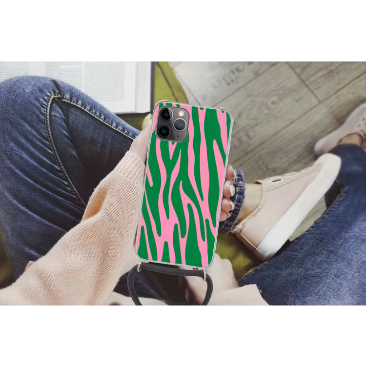Zebraprint - Roze - Groen - Dierenprint - Kleurrijk Hoesje iPhone 12 Pro met koord klein -hand
