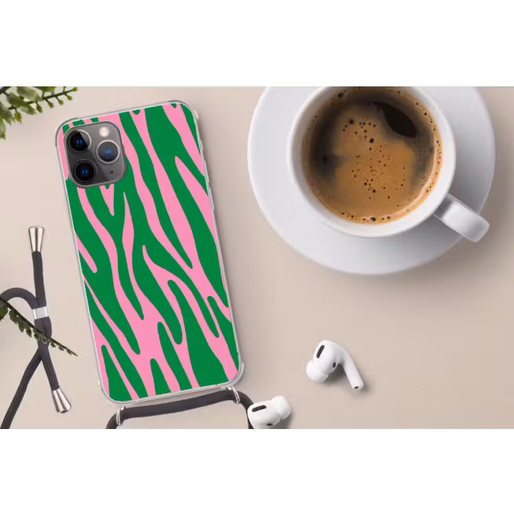 Zebraprint - Roze - Groen - Dierenprint - Kleurrijk Hoesje iPhone 12 Pro met koord klein -oordop