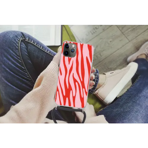 Zebraprint - Roze - Rood - Dierenprint Hoesje iPhone 12 Pro met koord klein -hand