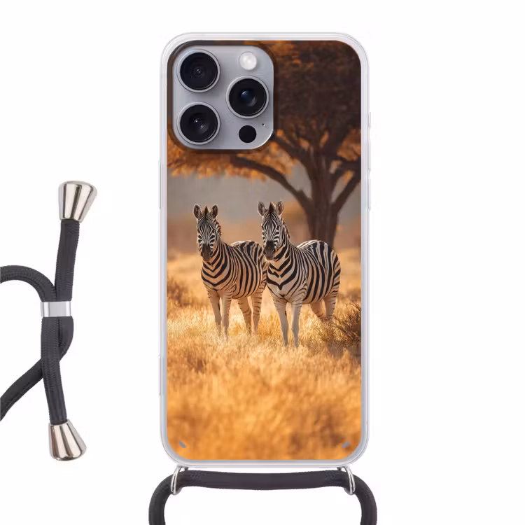 Zebra's - Savannelandschap - Gras Hoesje iPhone 16 Pro Max met koord klein -3d