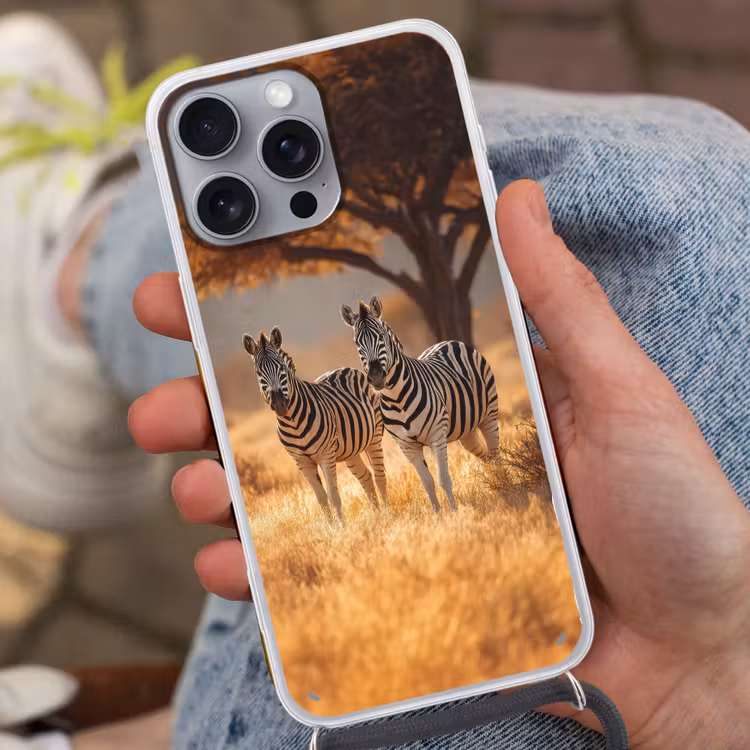 Zebra's - Savannelandschap - Gras Hoesje iPhone 16 Pro Max met koord klein -sfeer3