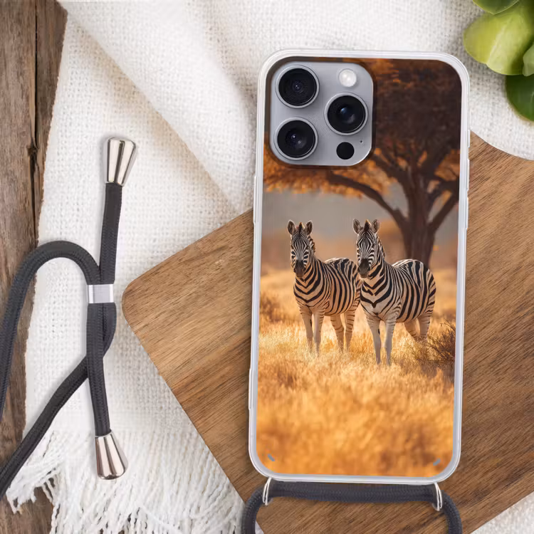 Zebra's - Savannelandschap - Gras Hoesje iPhone 16 Pro Max met koord klein -sfeer4