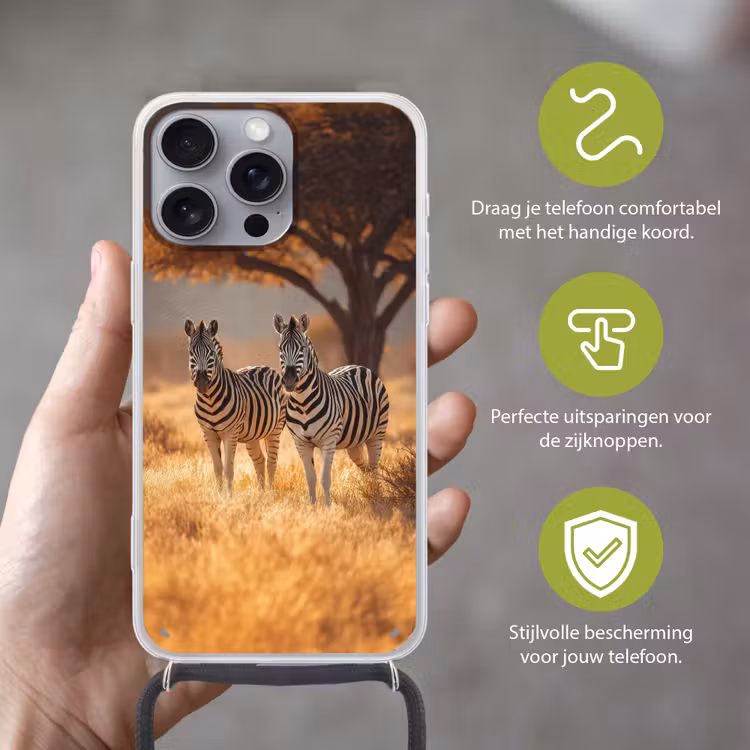 Zebra's - Savannelandschap - Gras Hoesje iPhone 16 Pro Max met koord klein -sfeer2_NL