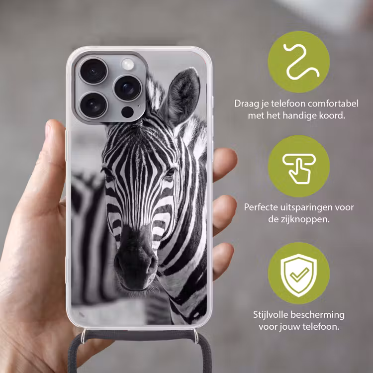 Zebra's - Zwart - Wit Hoesje iPhone 16 Pro Max met koord klein -sfeer2_NL