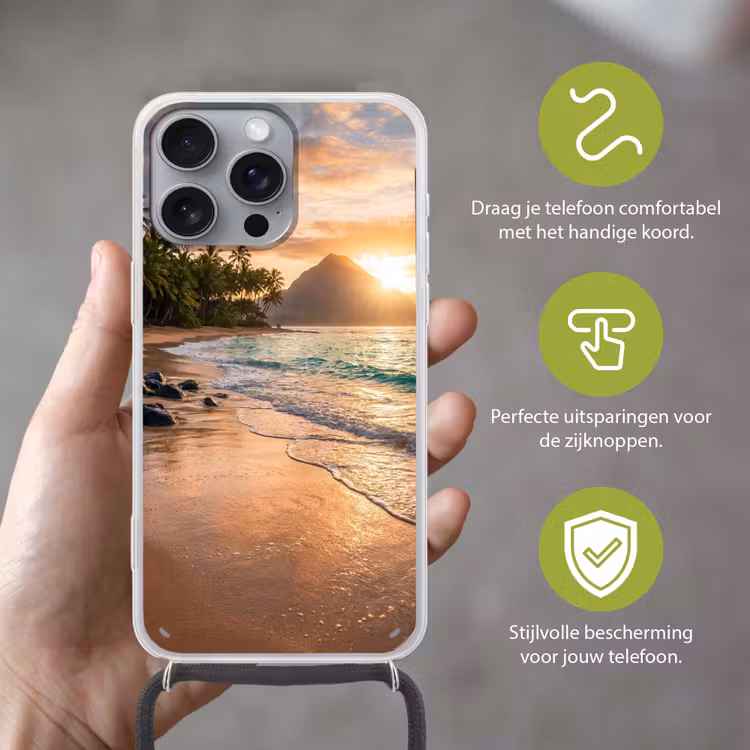Zee - Berg - Landschap - Tropisch - Goud Hoesje iPhone 16 Pro Max met koord klein -sfeer2_NL
