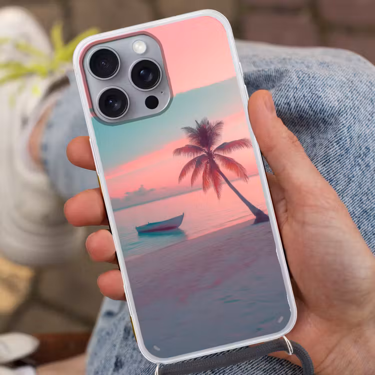 Zee - Boot - Zonsondergang Hoesje iPhone 16 Pro Max met koord klein -sfeer3