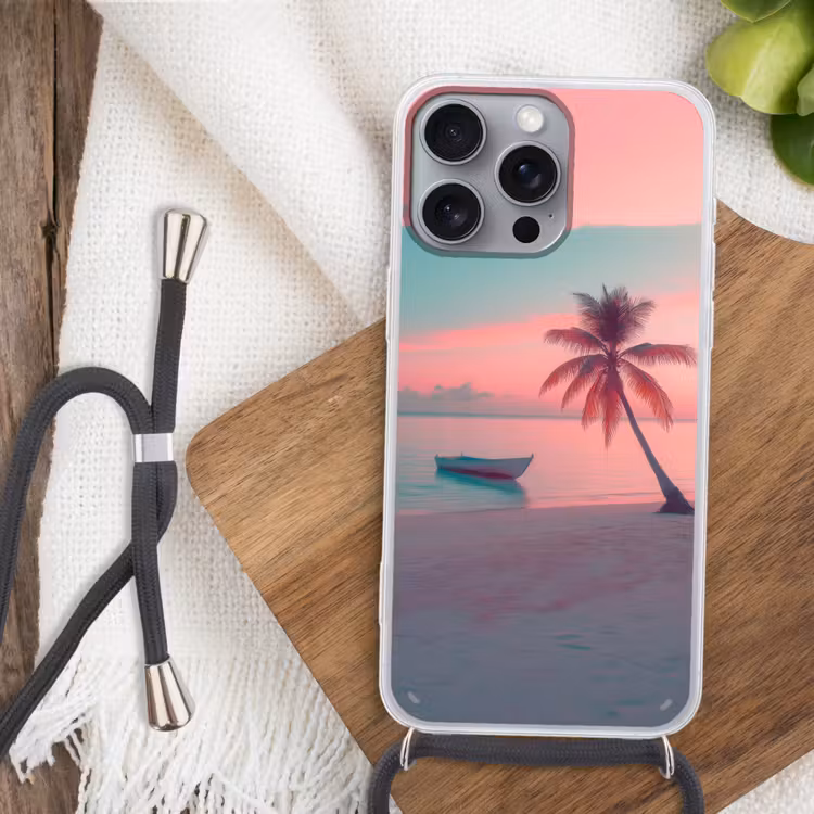 Zee - Boot - Zonsondergang Hoesje iPhone 16 Pro Max met koord klein -sfeer4