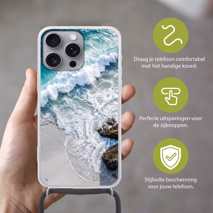 Zee - Golf - Strand - Natuur - Blauw Hoesje iPhone 16 Pro Max met koord klein -sfeer2_NL