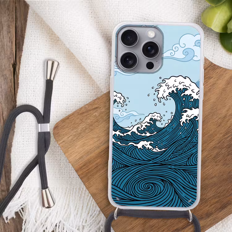 Zee - Golven - Japans - Natuur - Blauw Hoesje iPhone 16 Pro Max met koord klein -sfeer4