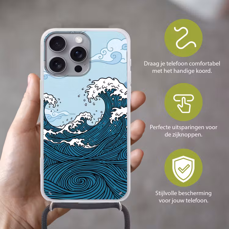 Zee - Golven - Japans - Natuur - Blauw Hoesje iPhone 16 Pro Max met koord klein -sfeer2_NL