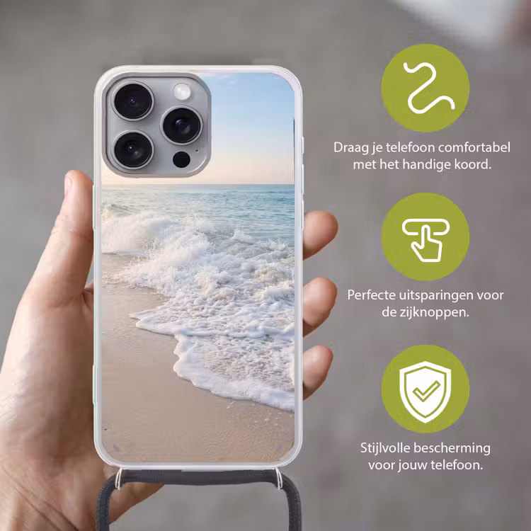 Zee - Golven - Strand - Natuur - Wit Hoesje iPhone 16 Pro Max met koord klein -sfeer2_NL