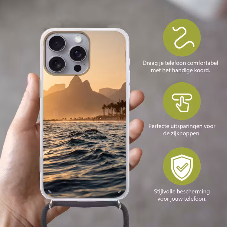 Zee - Golven - Zonsondergang - Kust - Goud Hoesje iPhone 16 Pro Max met koord klein -sfeer2_NL
