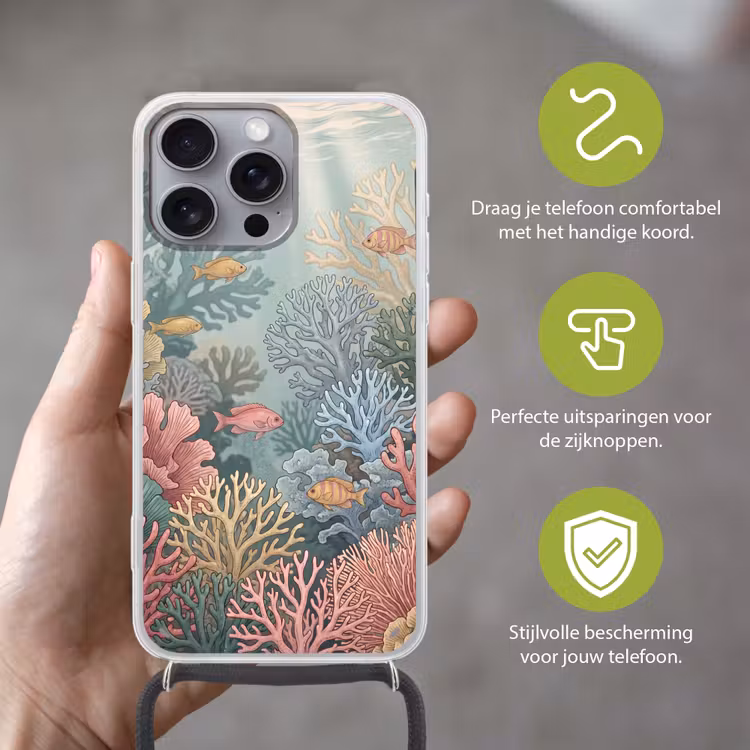 Zee - Koraal - Vis - Natuur - Kleurrijk Hoesje iPhone 16 Pro Max met koord klein -sfeer2_NL