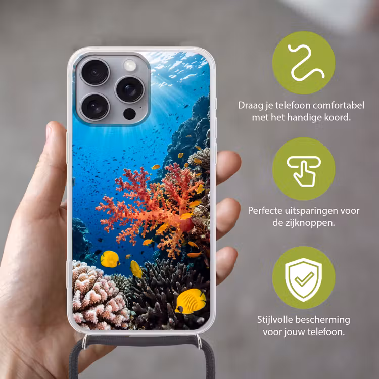 Zee - Koraalrif - Natuur - Levendig - Blauw Hoesje iPhone 16 Pro Max met koord klein -sfeer2_NL