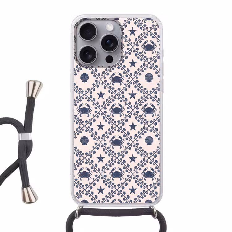 Zee - Krab - Zeester - Patroon - Blauw Hoesje iPhone 16 Pro Max met koord klein -3d