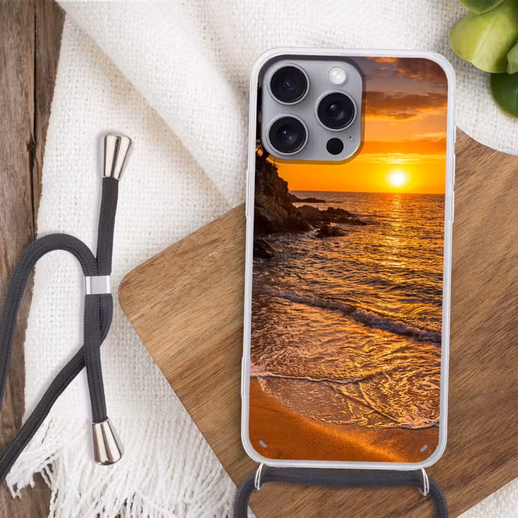 Zee - Kust - Zonsondergang - Natuur - Oranje Hoesje iPhone 16 Pro Max met koord klein -sfeer4