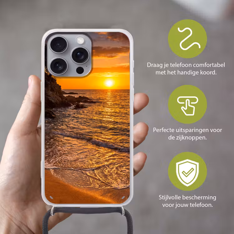 Zee - Kust - Zonsondergang - Natuur - Oranje Hoesje iPhone 16 Pro Max met koord klein -sfeer2_NL
