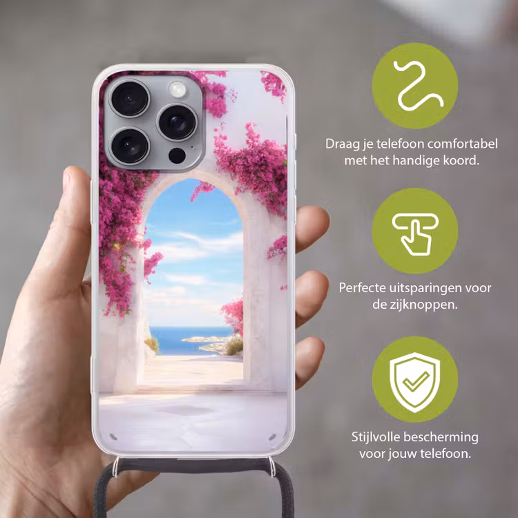 Zee - Roze - Bloemen - Poort Hoesje iPhone 16 Pro Max met koord klein -sfeer2_NL