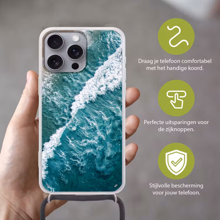 Zee - Strand - Golven - Natuur - Blauw Hoesje iPhone 16 Pro Max met koord klein -sfeer2_NL