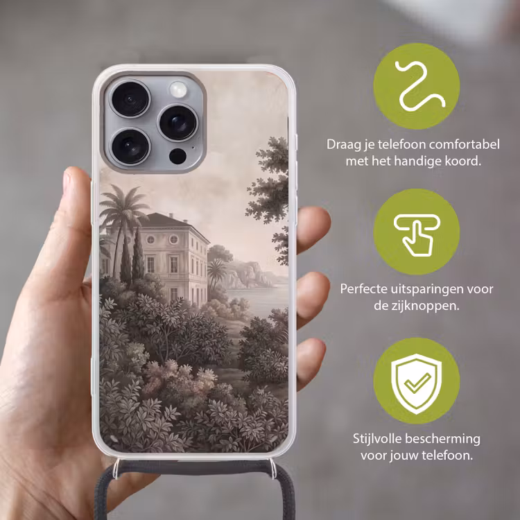 Zee - Villa - Beige Hoesje iPhone 16 Pro Max met koord klein -sfeer2_NL
