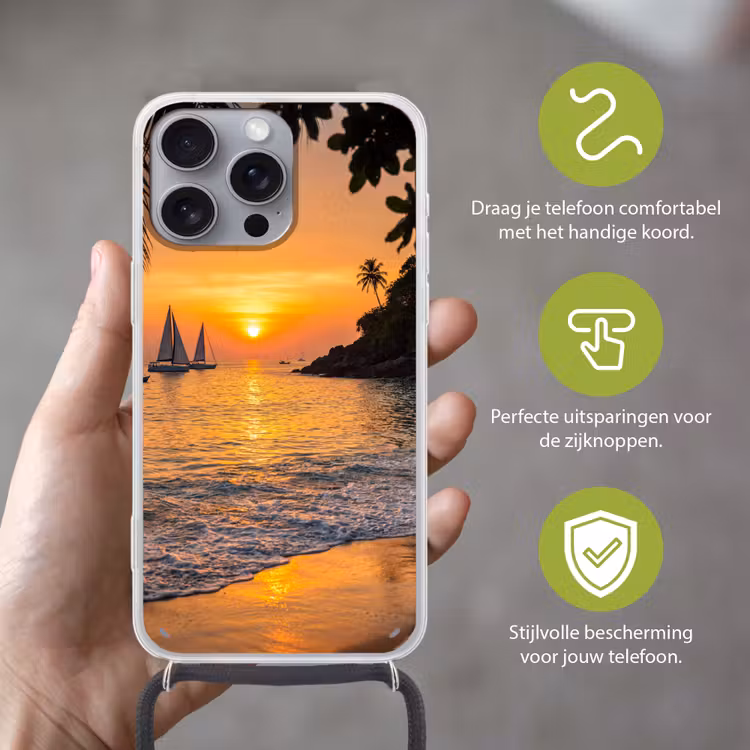 Zee - Zonsondergang - Boot - Natuur - Oranje Hoesje iPhone 16 Pro Max met koord klein -sfeer2_NL
