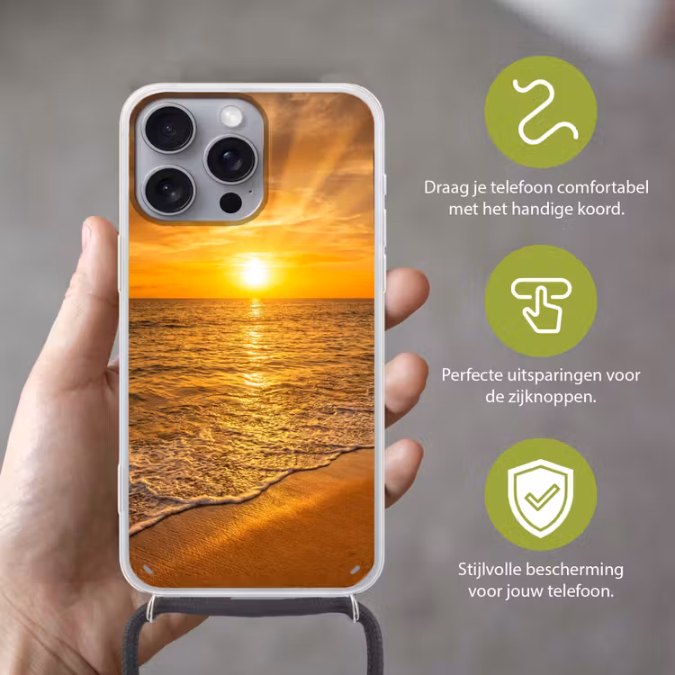 Zee - Zonsondergang - Golven - Kust - Oranje Hoesje iPhone 16 Pro Max met koord klein -sfeer2_NL