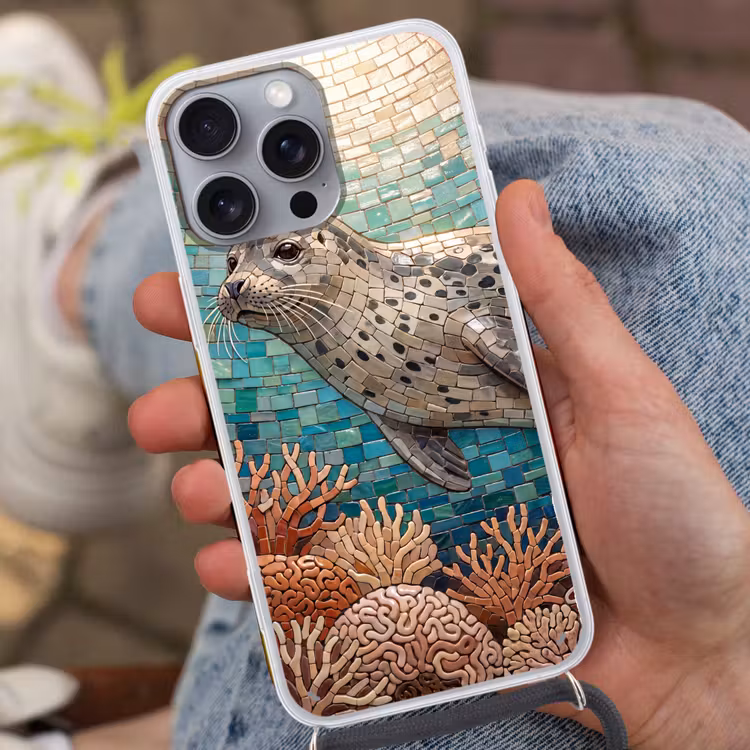 Zeehond - Mozaïek - Onderwater - Dieren - Blauw Hoesje iPhone 16 Pro Max met koord klein -sfeer3