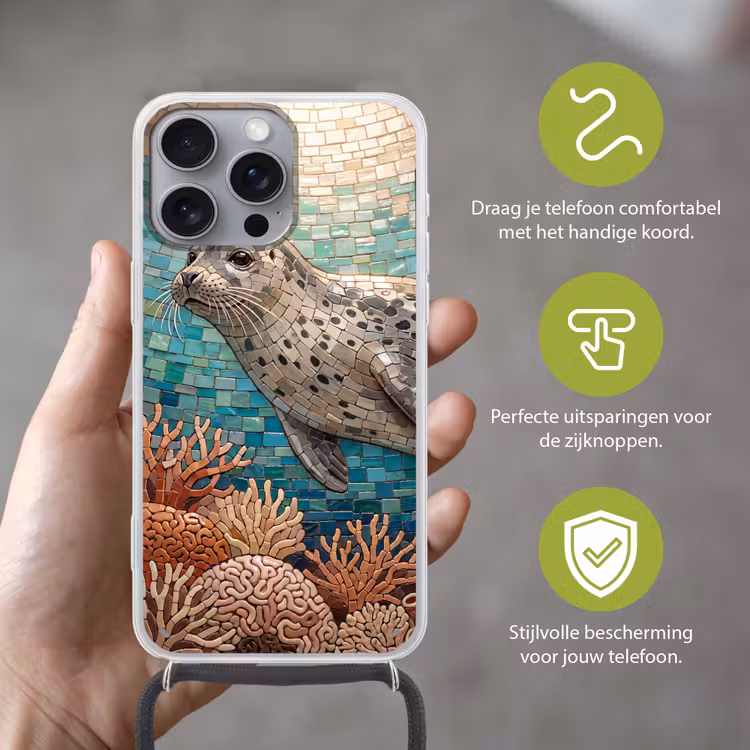 Zeehond - Mozaïek - Onderwater - Dieren - Blauw Hoesje iPhone 16 Pro Max met koord klein -sfeer2_NL