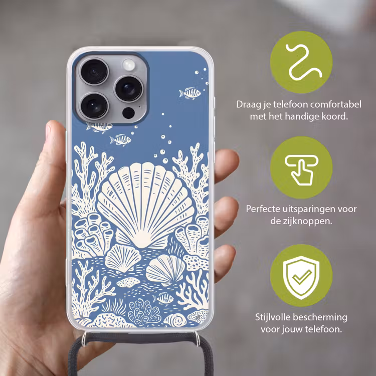 Zeeleven - Koraal - Schelp - Vis - Illustratie - Onderwater Hoesje iPhone 16 Pro Max met koord klein -sfeer2_NL