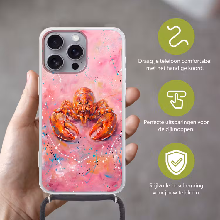 Zeeleven - Kreeft - Spatters - Abstract - Roze Hoesje iPhone 16 Pro Max met koord klein -sfeer2_NL