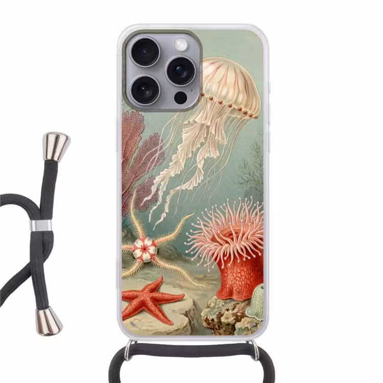 Zeeleven - Kwal - Onderwater - Illustratie - Beige Hoesje iPhone 16 Pro Max met koord klein -3d