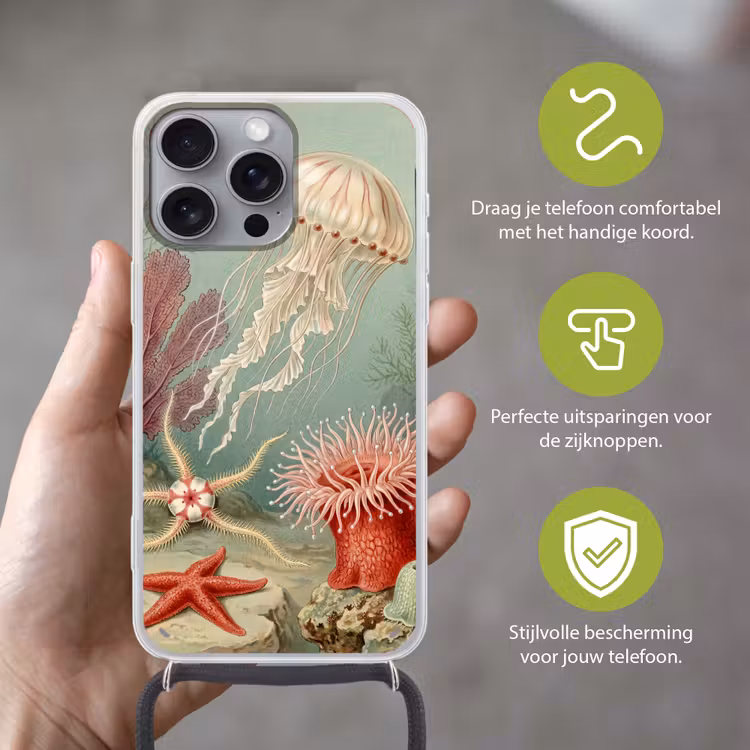Zeeleven - Kwal - Onderwater - Illustratie - Beige Hoesje iPhone 16 Pro Max met koord klein -sfeer2_NL