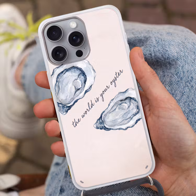 Zeeleven - Oester - Aquarel - Minimalistisch - Blauw Hoesje iPhone 16 Pro Max met koord klein -sfeer3
