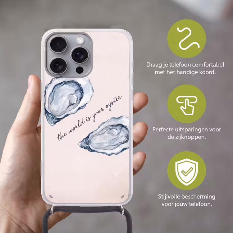 Zeeleven - Oester - Aquarel - Minimalistisch - Blauw Hoesje iPhone 16 Pro Max met koord klein -sfeer2_NL