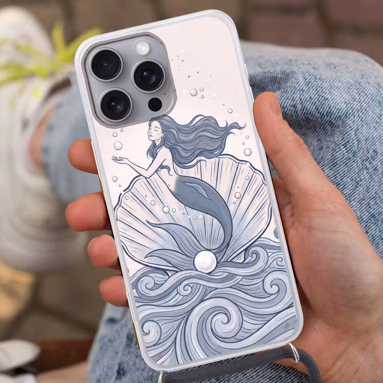 Zeemeermin - Schelp - Zee - Fantasie - Blauw Hoesje iPhone 16 Pro Max met koord klein -sfeer3