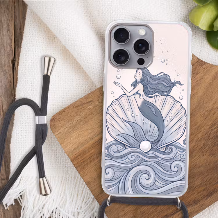 Zeemeermin - Schelp - Zee - Fantasie - Blauw Hoesje iPhone 16 Pro Max met koord klein -sfeer4