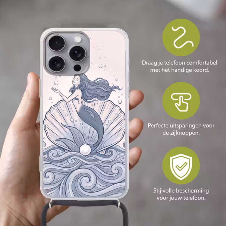 Zeemeermin - Schelp - Zee - Fantasie - Blauw Hoesje iPhone 16 Pro Max met koord klein -sfeer2_NL