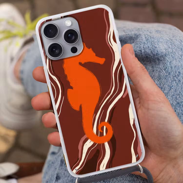 Zeepaardje - Golven - Zeeleven - Abstract - Oranje Hoesje iPhone 16 Pro Max met koord klein -sfeer3