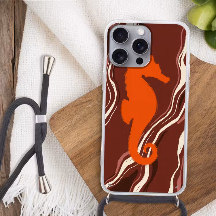 Zeepaardje - Golven - Zeeleven - Abstract - Oranje Hoesje iPhone 16 Pro Max met koord klein -sfeer4