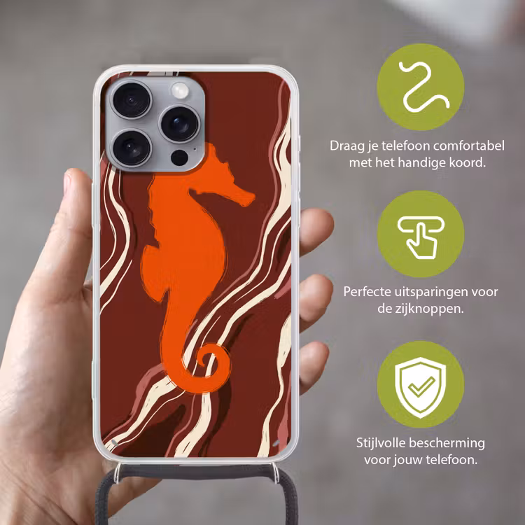 Zeepaardje - Golven - Zeeleven - Abstract - Oranje Hoesje iPhone 16 Pro Max met koord klein -sfeer2_NL