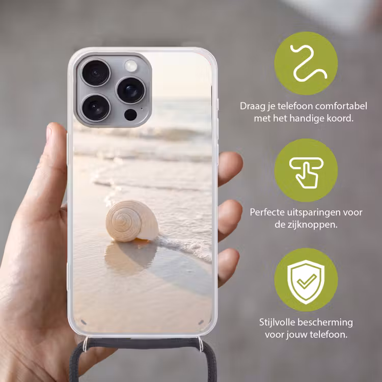 Zeeschelp - Strand - Zee - Natuur - Beige Hoesje iPhone 16 Pro Max met koord klein -sfeer2_NL
