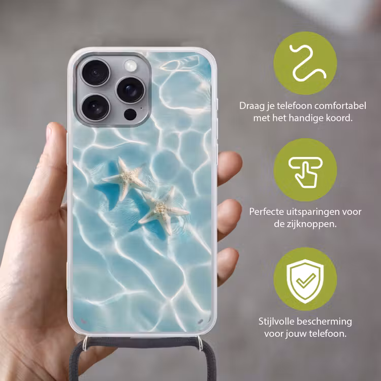 Zeesterren - Golvend water - Rustgevend Hoesje iPhone 16 Pro Max met koord klein -sfeer2_NL