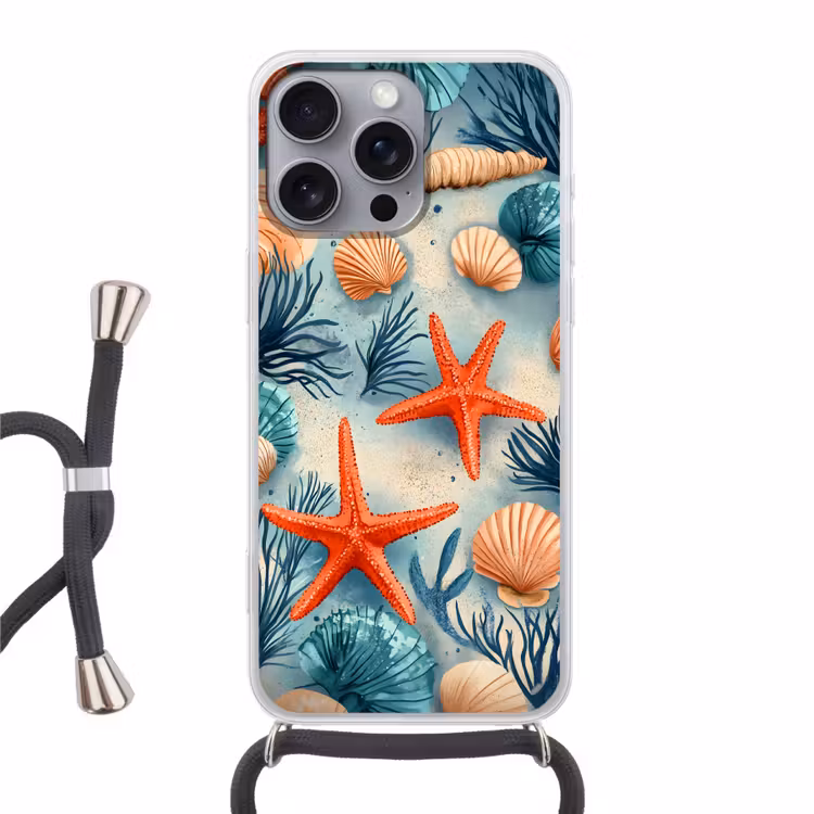 Zeesterren - Schelpen - Illustratie - Zand Hoesje iPhone 16 Pro Max met koord klein -3d