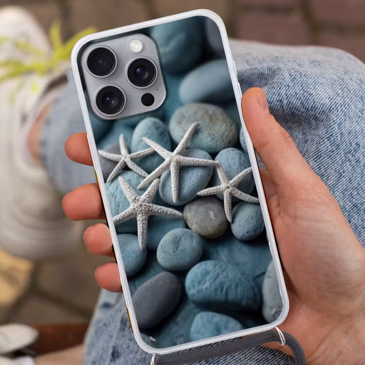 Zeesterren - Stenen - Wit Hoesje iPhone 16 Pro Max met koord klein -sfeer3