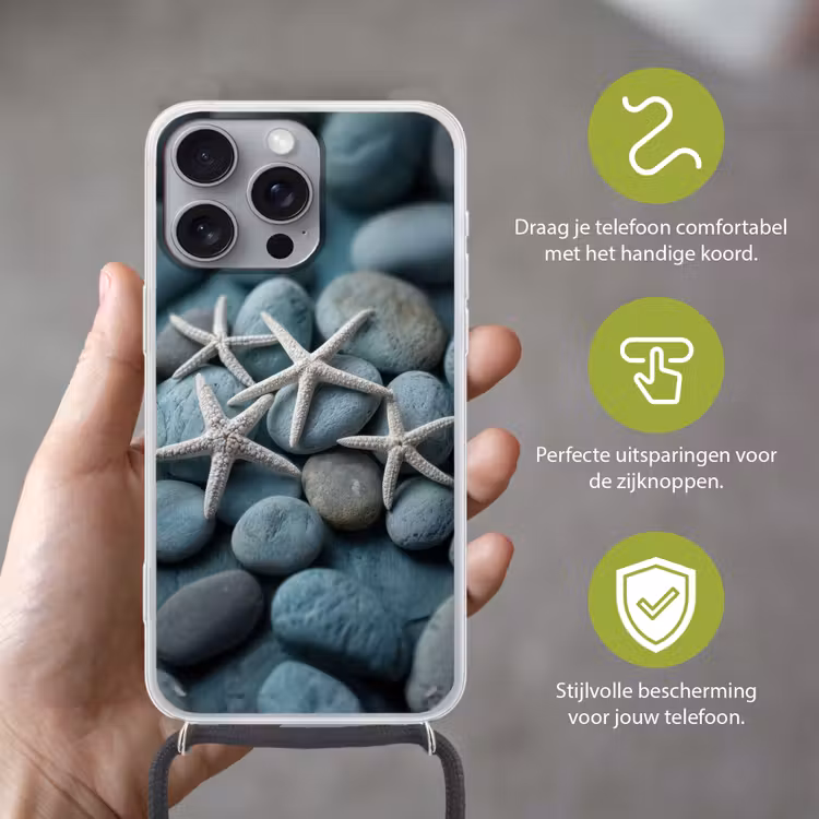 Zeesterren - Stenen - Wit Hoesje iPhone 16 Pro Max met koord klein -sfeer2_NL
