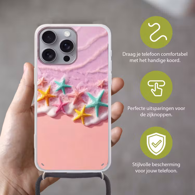 Zeesterren - Strand - Golven Hoesje iPhone 16 Pro Max met koord klein -sfeer2_NL