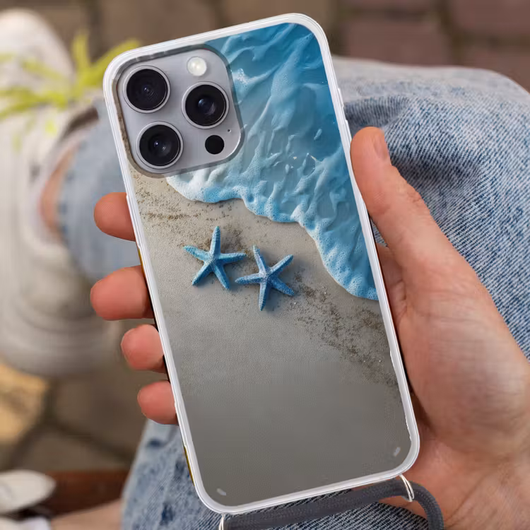 Zeesterren - Zand - Zee - Blauw Hoesje iPhone 16 Pro Max met koord klein -sfeer3